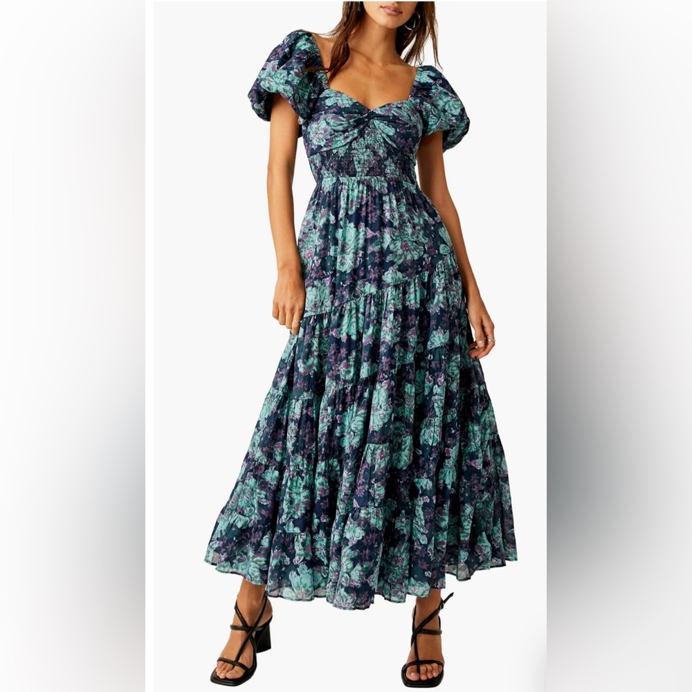 FP Movement by Free People Navy Floral Puff Sleeve Maxi Dress